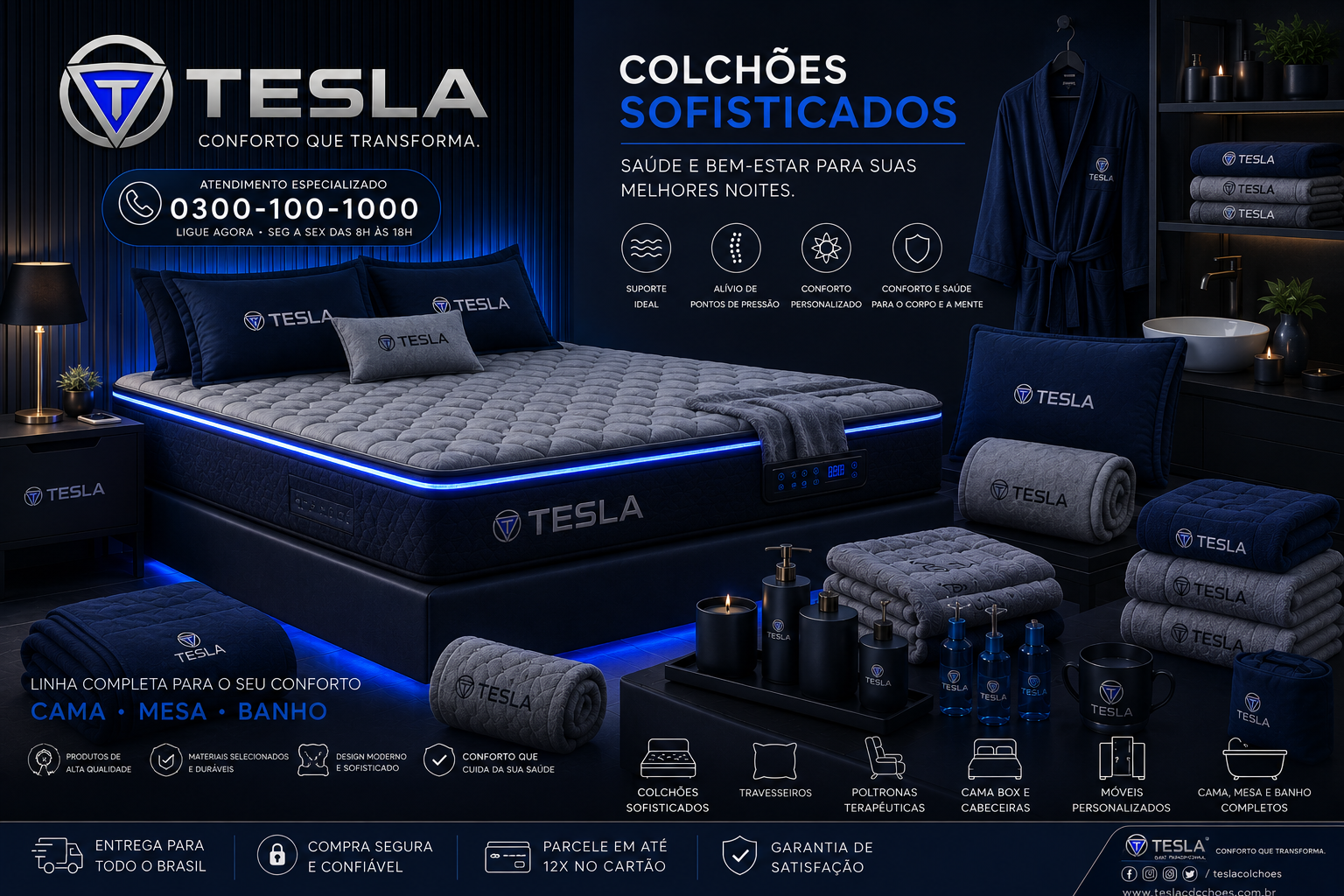 Tesla Colchões — Conforto que transforma. Colchões sofisticados, cama, mesa e banho. Atendimento 0300-100-1000.